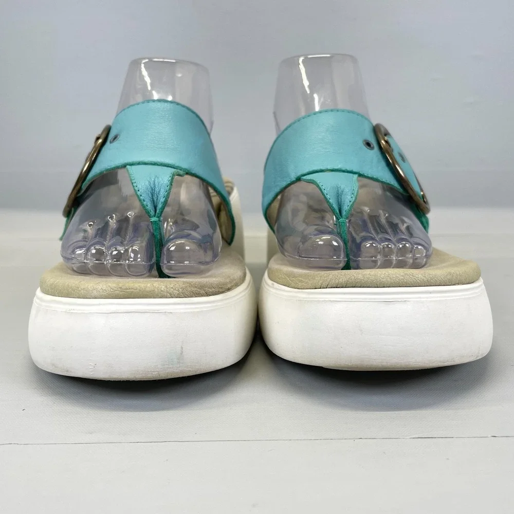 Fly London Dafi Wedge Sandals Womens Size 41 US 10 Blue Leather Buckle Shoes